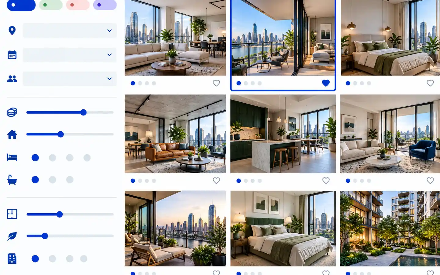Catálogo inmobiliario ilustrativo con controles de filtros y una propiedad seleccionada.