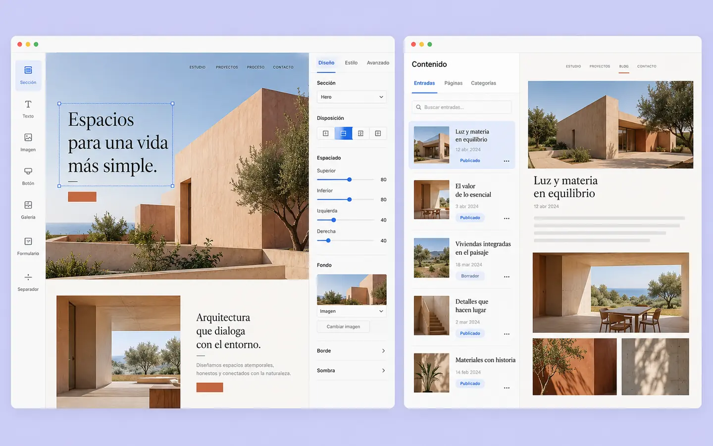 Dos interfaces ilustrativas: edición visual de una web y gestión de contenidos de un blog.