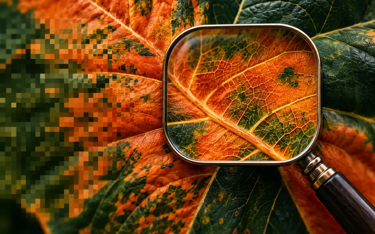 Detalle de una hoja con una zona pixelada y otra ampliada mediante una lupa.
