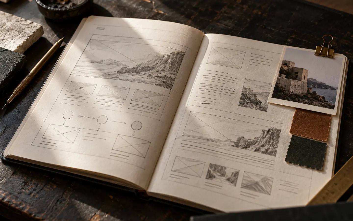 Cuaderno con bocetos de páginas, recorridos y referencias visuales para definir una web.