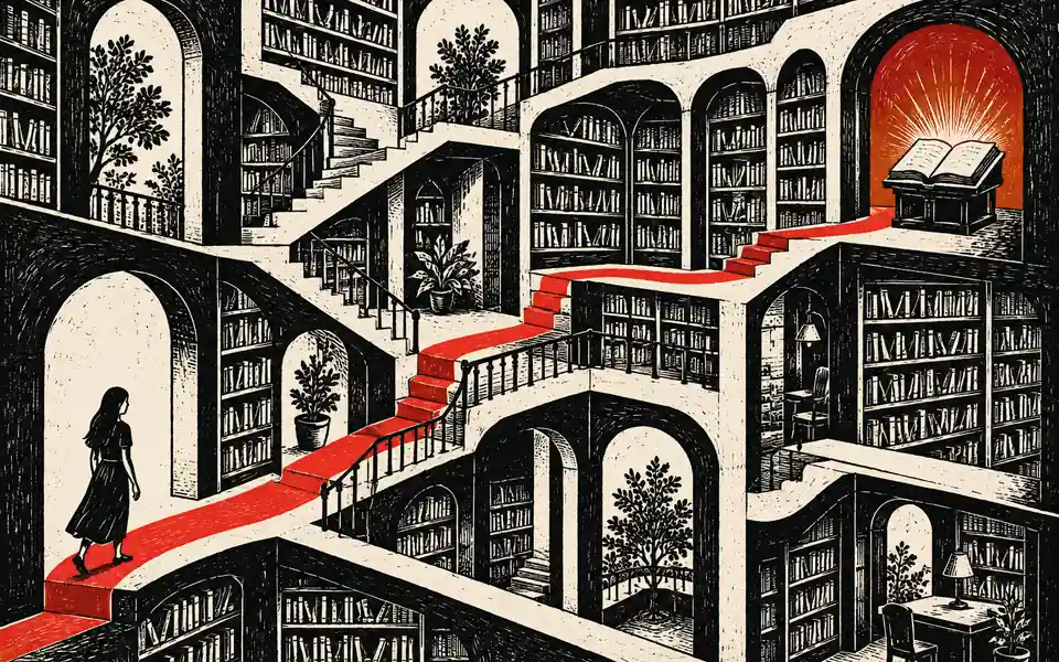 Biblioteca ilustrada con un recorrido rojo que conecta niveles hasta un libro abierto.