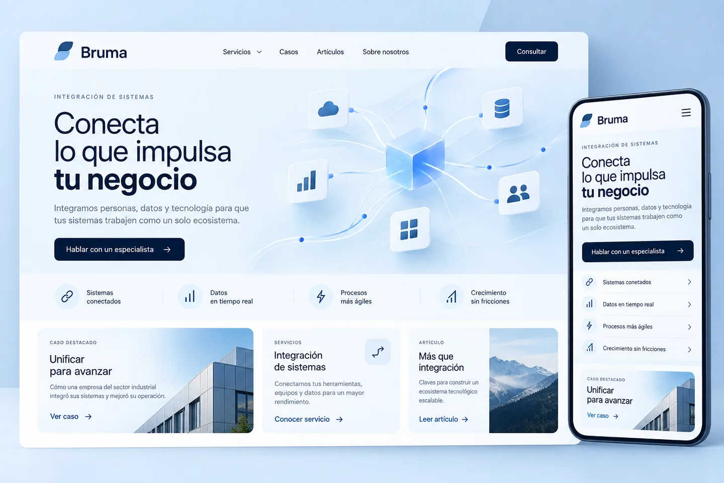 Presentación de Bruma con servicios tecnológicos y vista móvil.