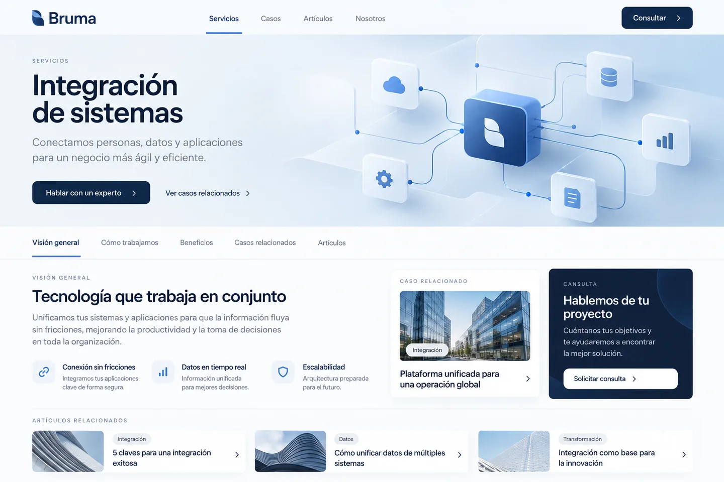 Contenido de Bruma que relaciona servicio, caso y artículo.
