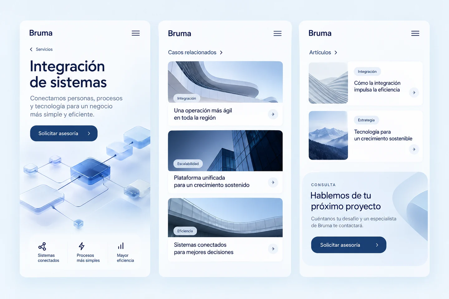 Vistas móviles de servicios y contenidos de Bruma.