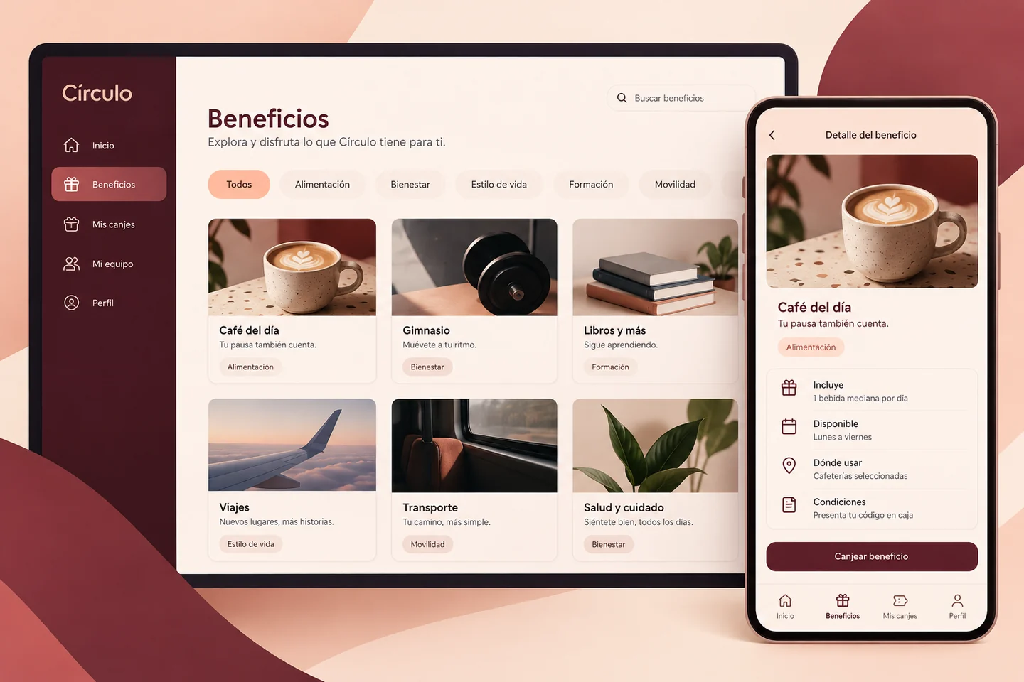 Presentación de Círculo con catálogo de beneficios y vista móvil.