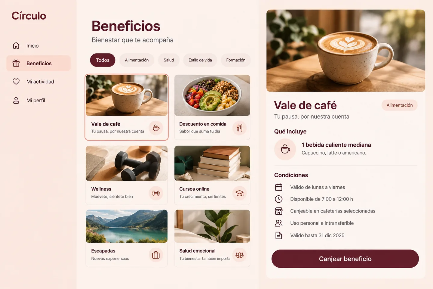 Detalle de un beneficio de Círculo con condiciones visibles.