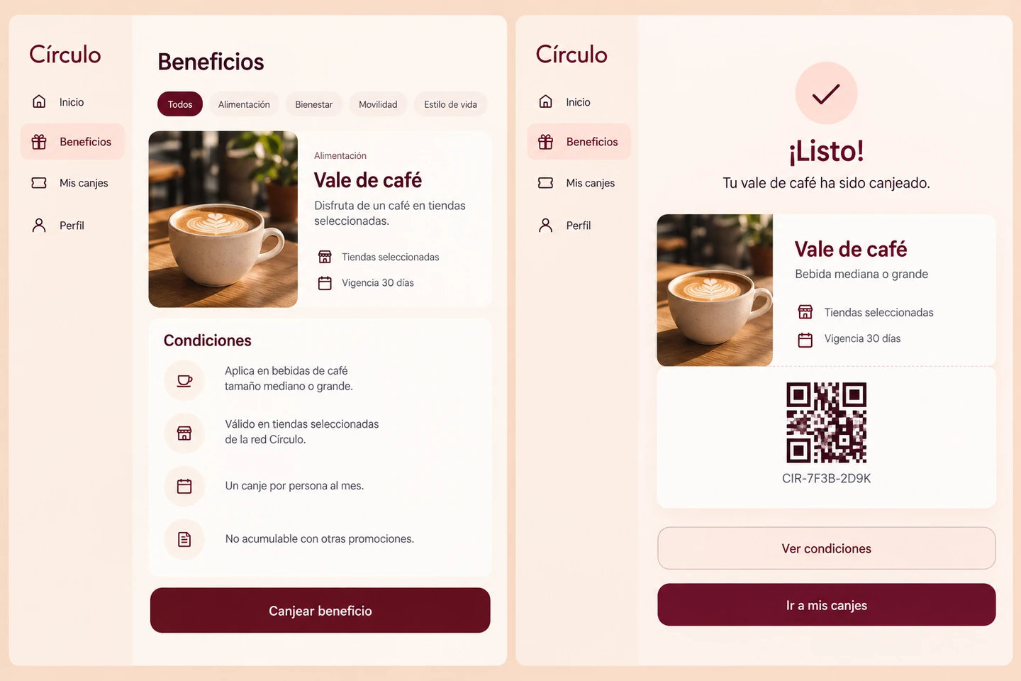 Pantallas de Círculo para revisar condiciones y confirmar el uso de un beneficio.