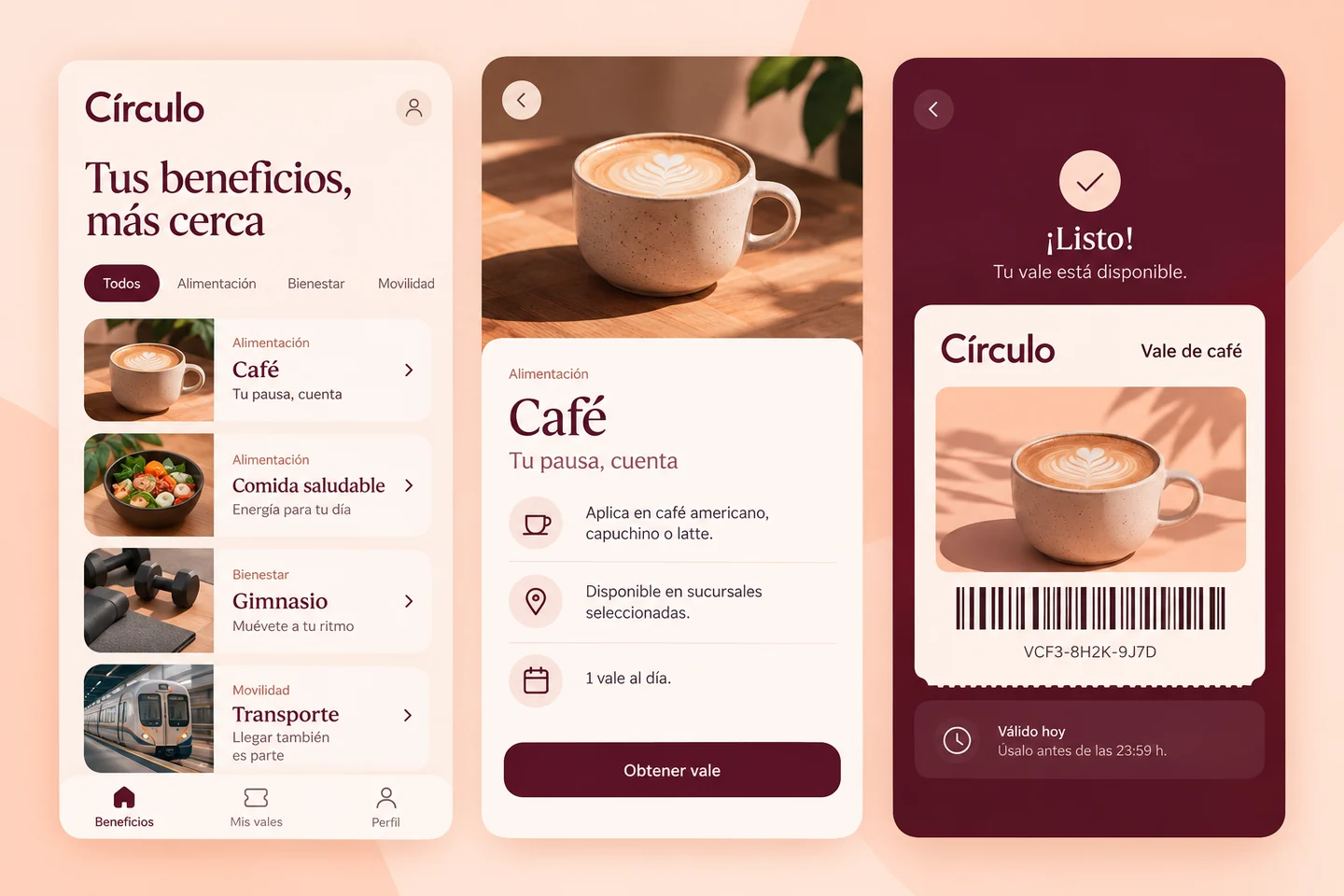 Vistas móviles de beneficios y comprobante ilustrativo de Círculo.