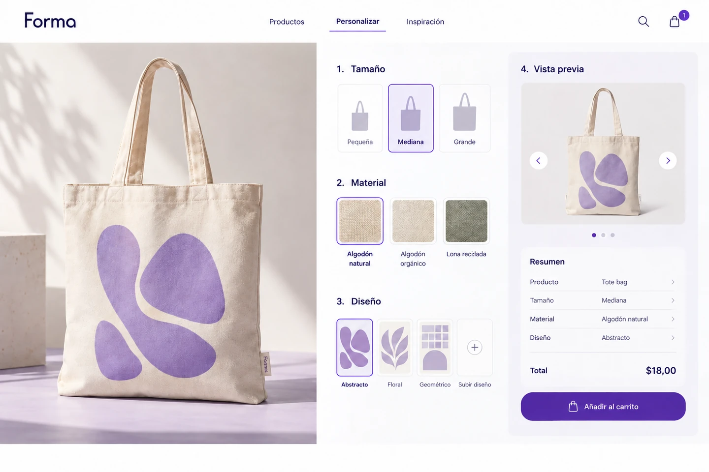 Configurador de un producto de Forma con material y tamaño seleccionables.