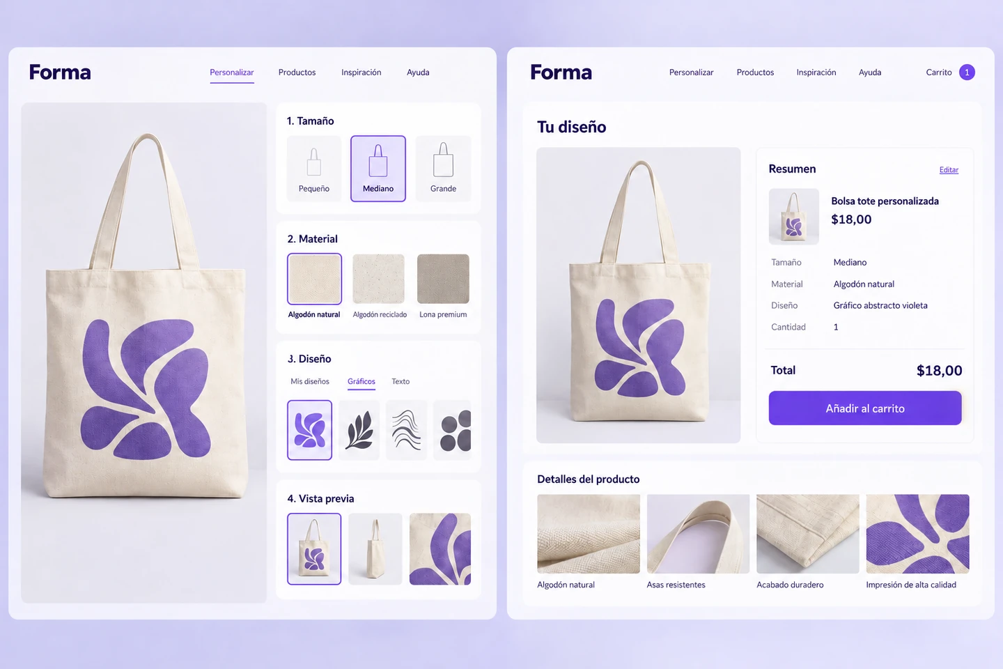 Pantallas de Forma que ilustran selección, personalización y revisión de compra.