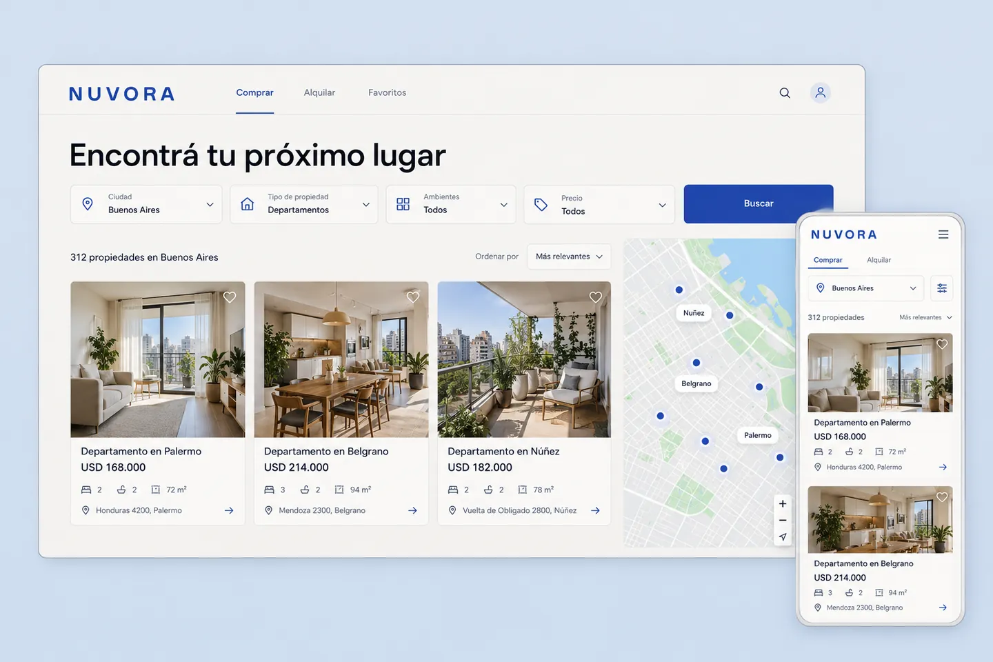 Presentación de Nuvora con búsqueda de propiedades, resultados y mapa en desktop y móvil.