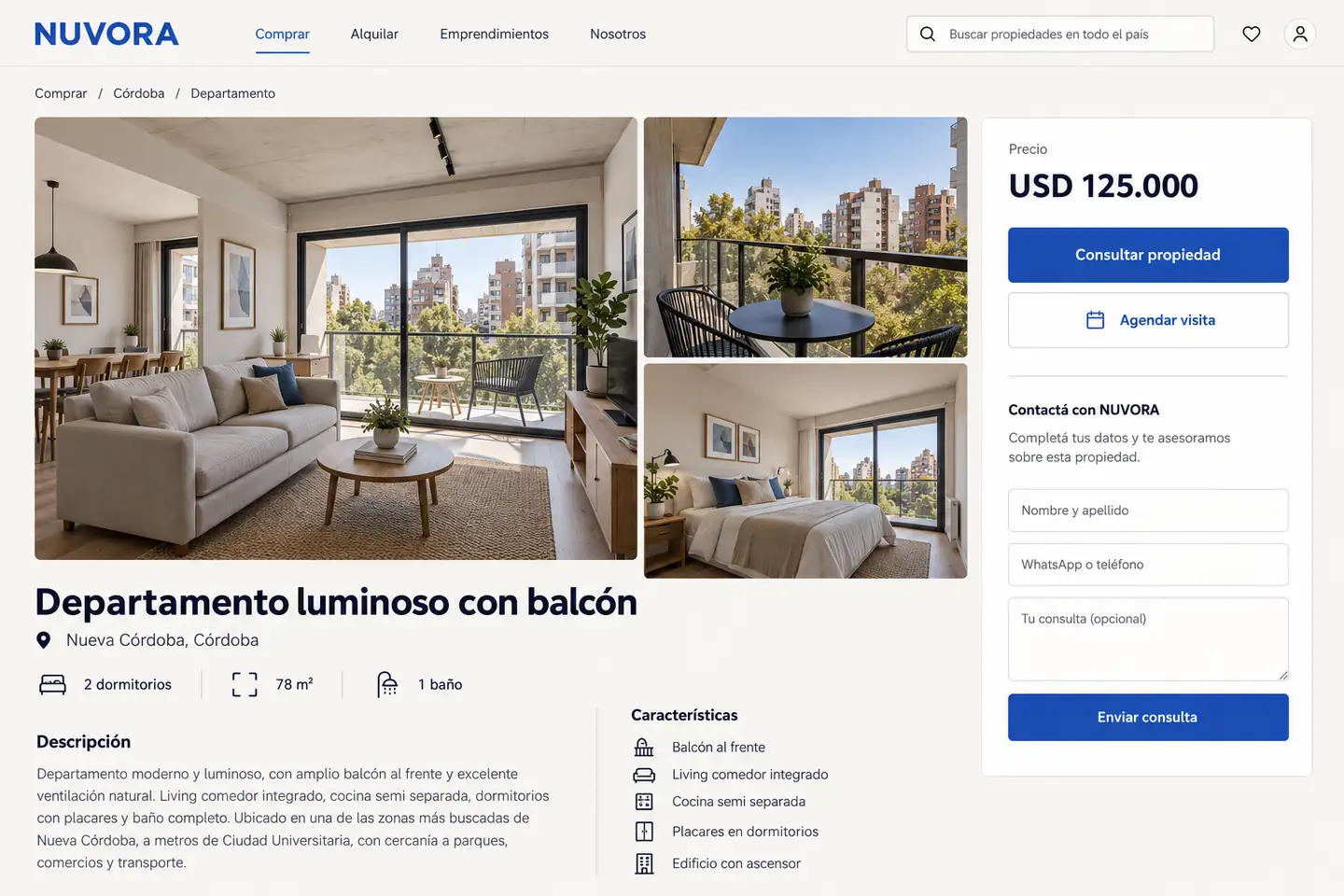 Ficha de una propiedad en Nuvora con galería, precio, características y formulario de consulta asociado.