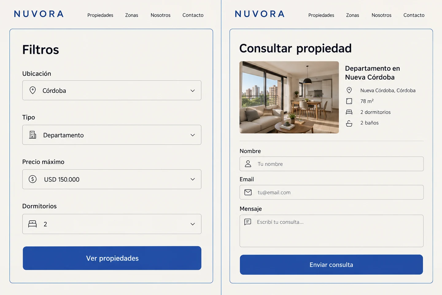 Recorrido de Nuvora con selección de filtros y formulario de consulta que conserva la referencia de la propiedad.