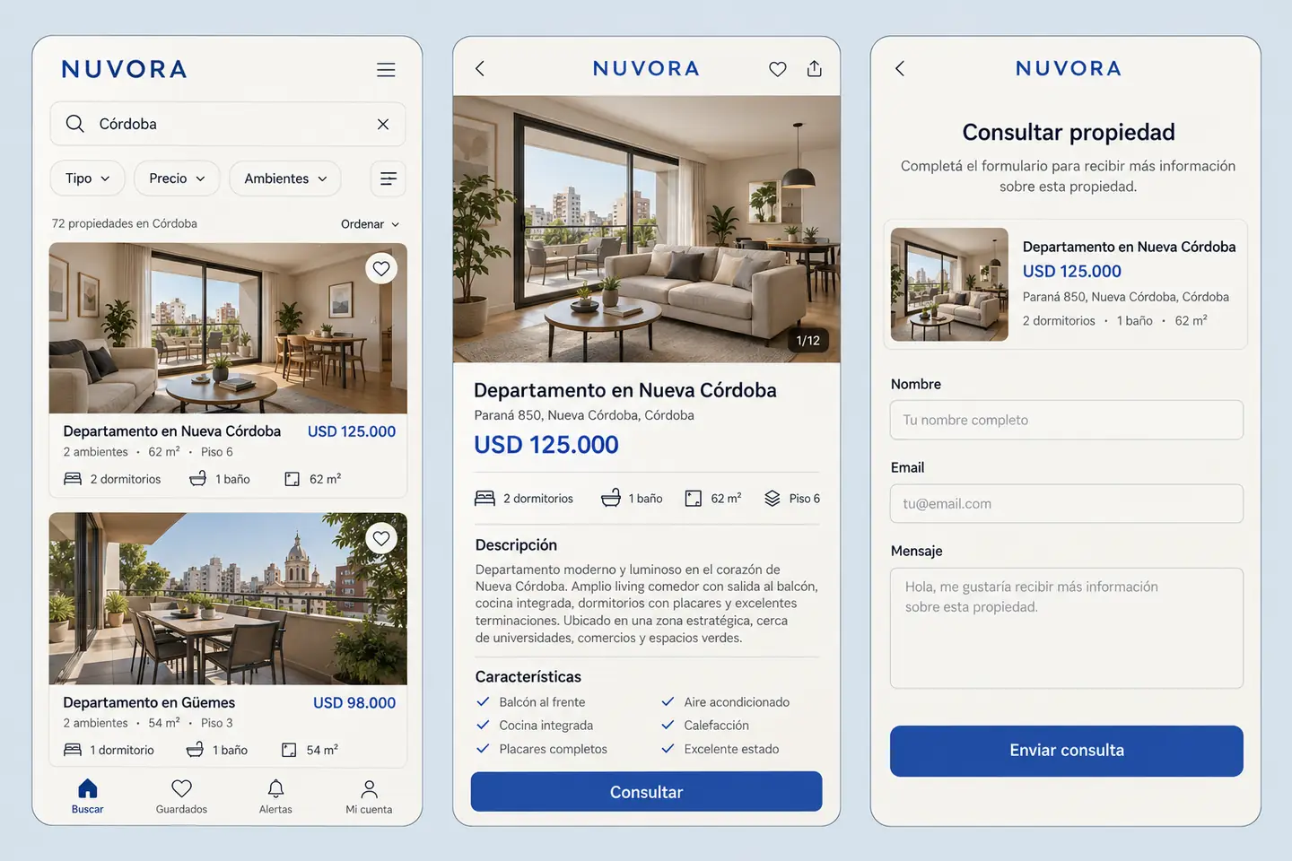 Tres vistas móviles de Nuvora: resultados de búsqueda, ficha de propiedad y consulta con la propiedad seleccionada.
