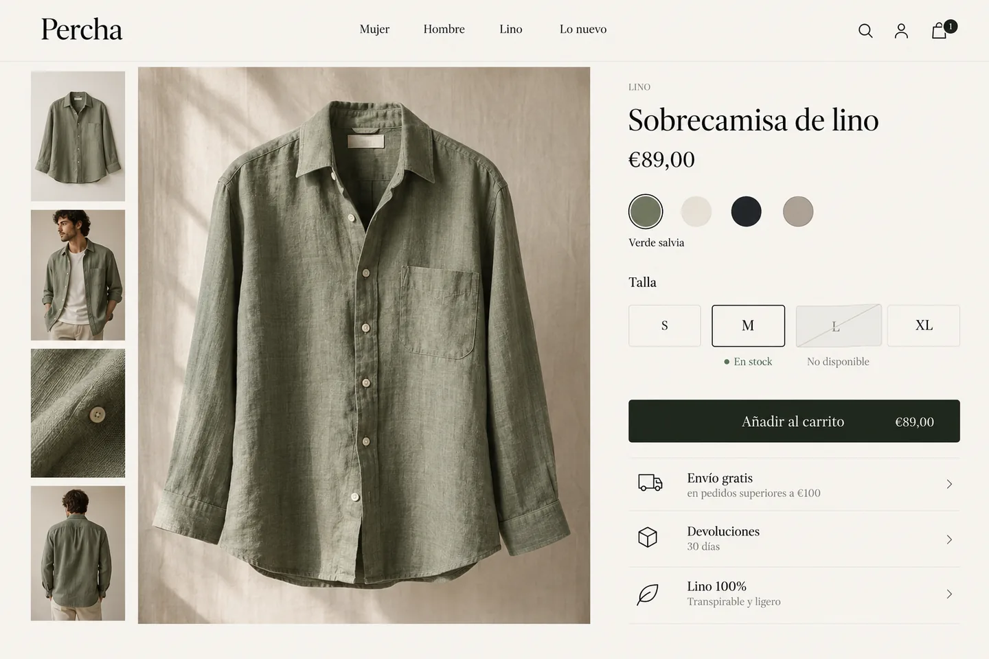 Ficha de una prenda de Percha con selección de talle y disponibilidad.