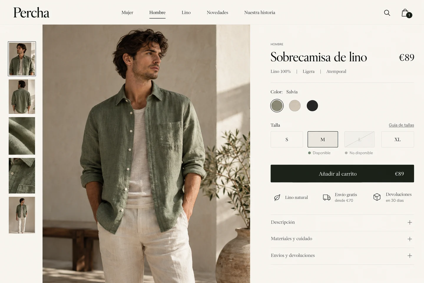 Ficha de una sobrecamisa de lino de Percha con variantes y talles.