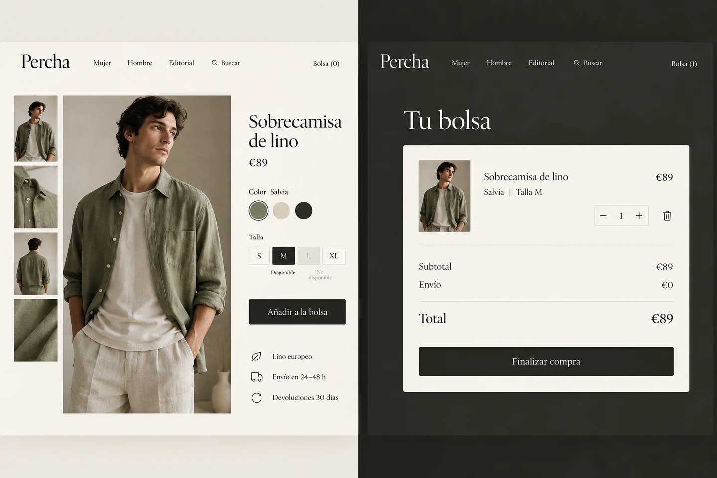 Pantallas de Percha para consultar talles, elegir una variante y revisar el carrito.