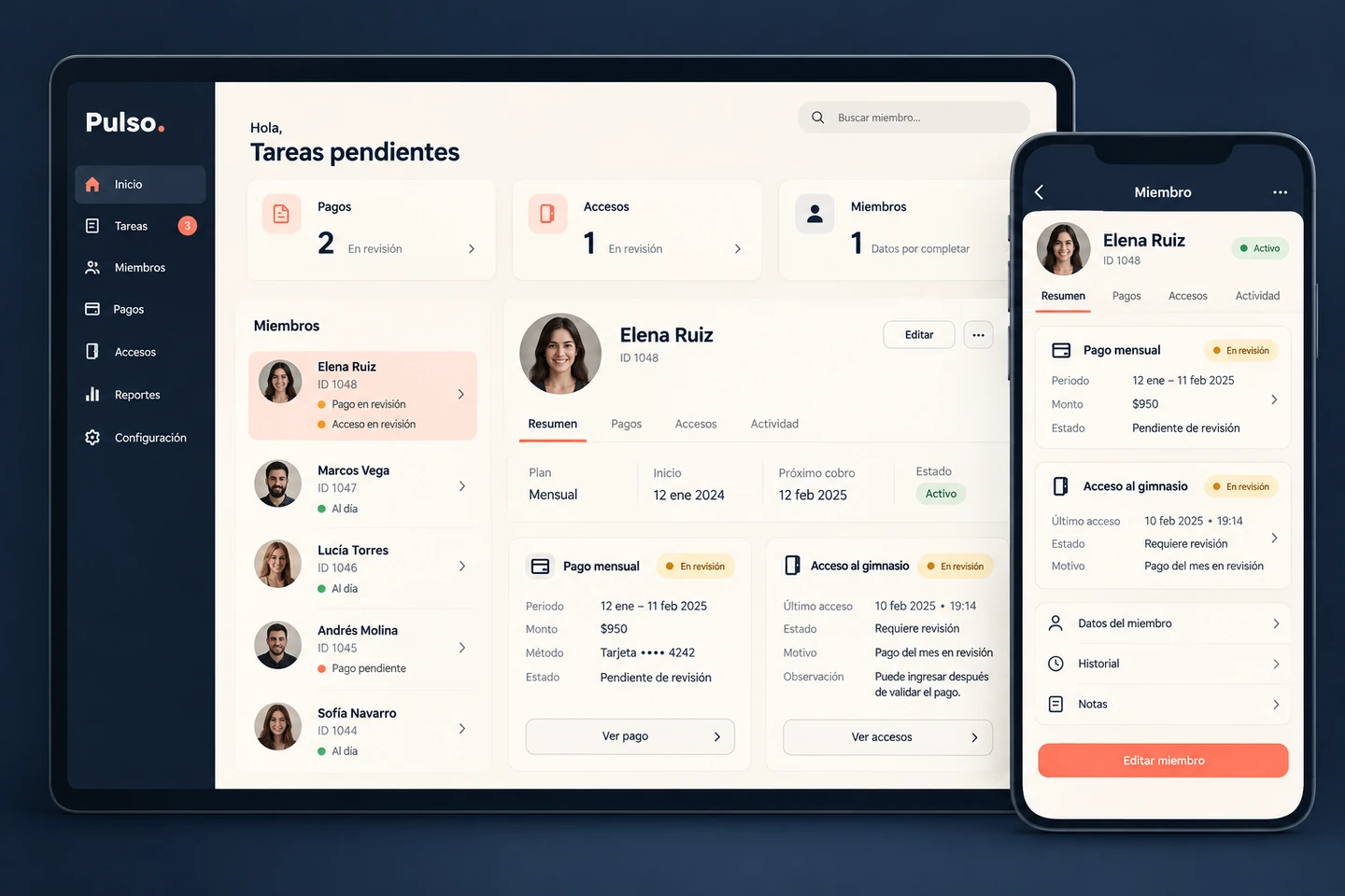 Panel y vista móvil de Pulso con socios, pagos y accesos en revisión.