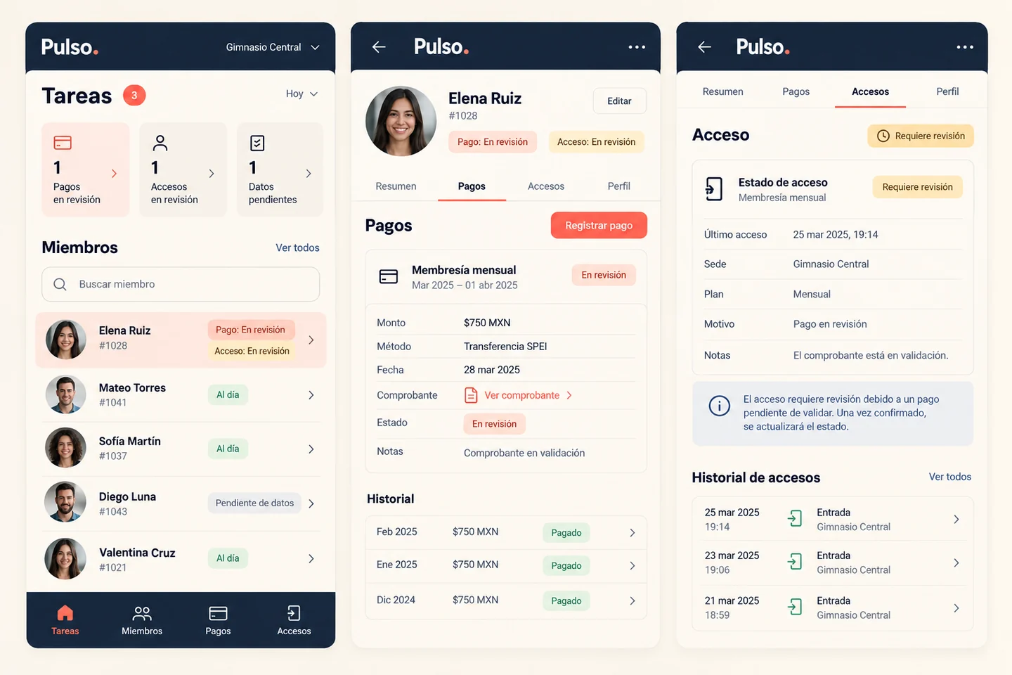 Tres vistas móviles de Pulso: pendientes, pago y explicación del acceso.