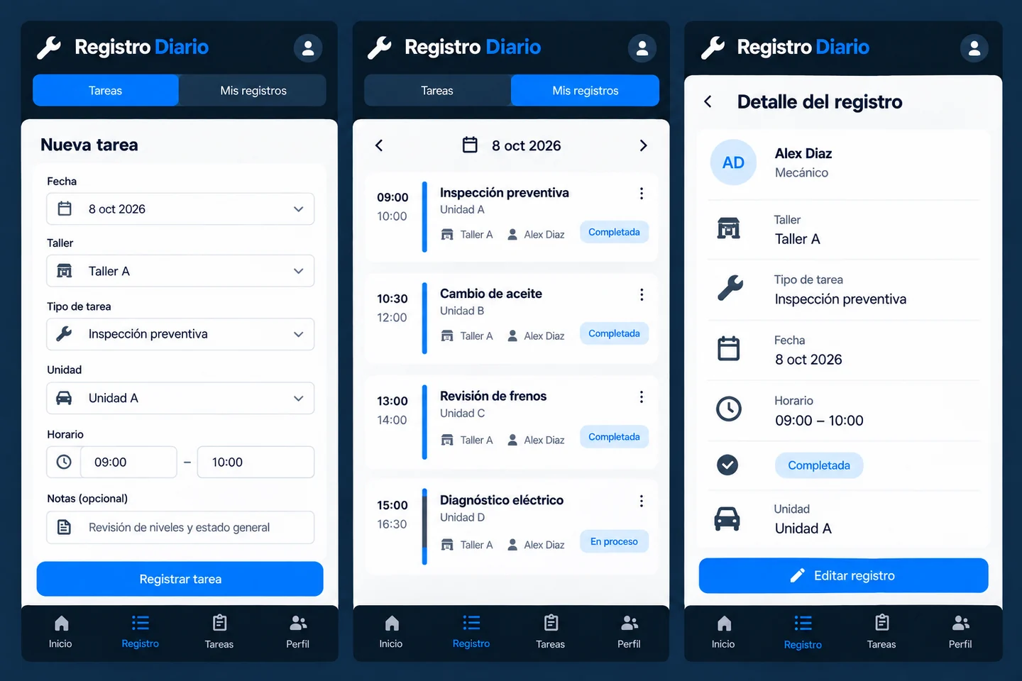 Tres vistas móviles de Registro Diario con jornada, tareas y formulario de registro.