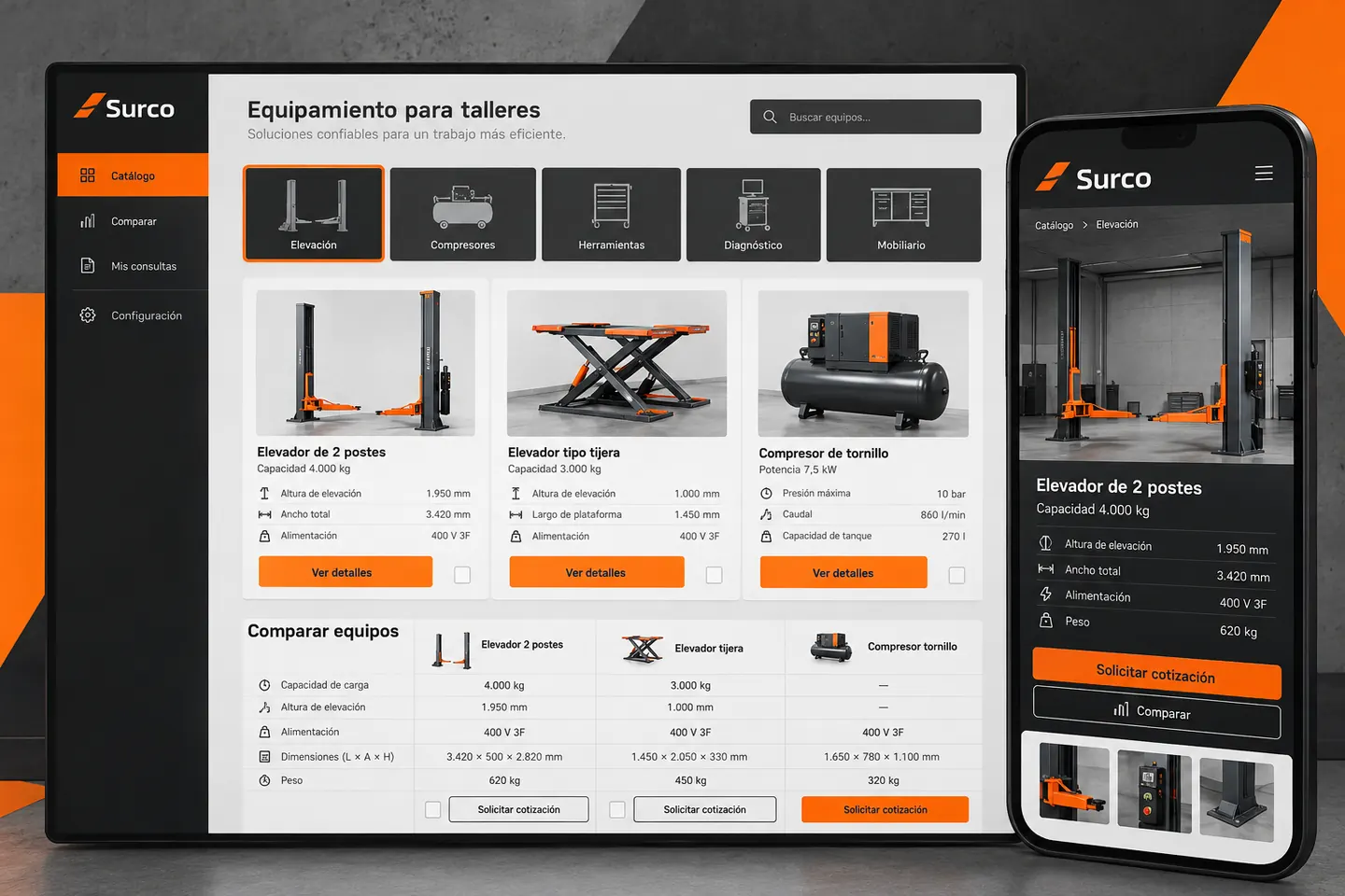 Presentación de Surco con catálogo de equipamiento profesional y vista móvil.