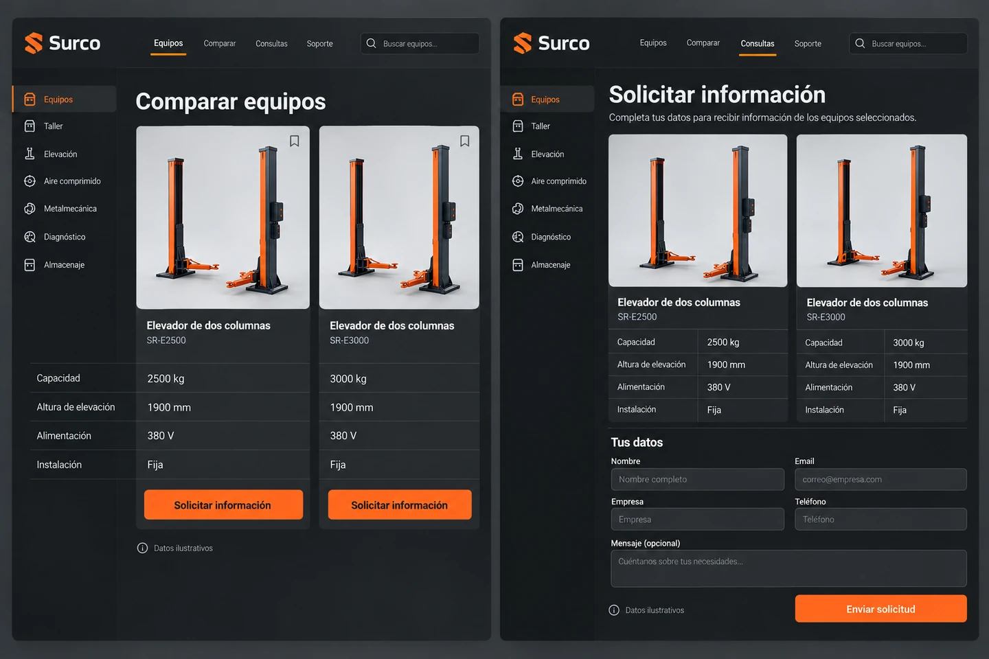 Pantallas de Surco para comparar equipos y consultar con sus referencias.