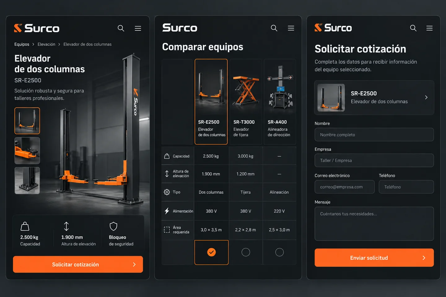 Vistas móviles de Surco con ficha técnica, comparación y consulta de equipamiento.
