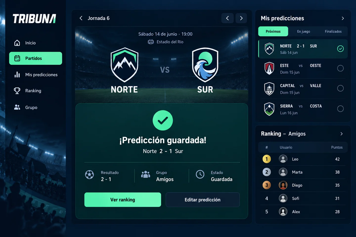 Ingreso de un pronóstico y confirmación de guardado en Tribuna.