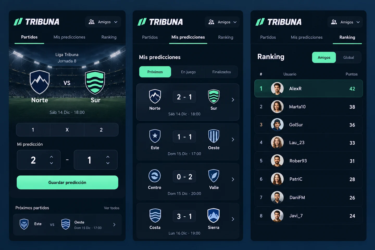 Vistas móviles de pronósticos y ranking de Tribuna.