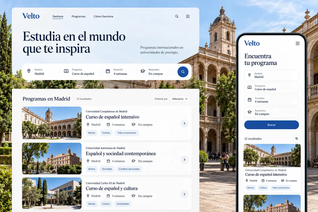 Presentación de Velto con programas educativos en escritorio y móvil.