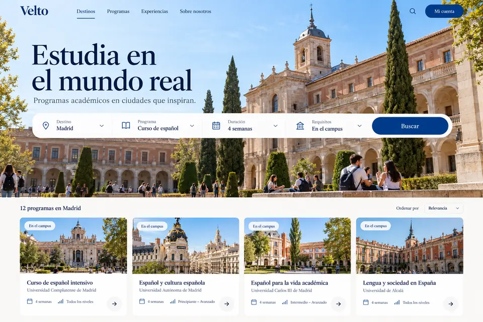 Resultados de programas educativos de Velto con filtros y duración.