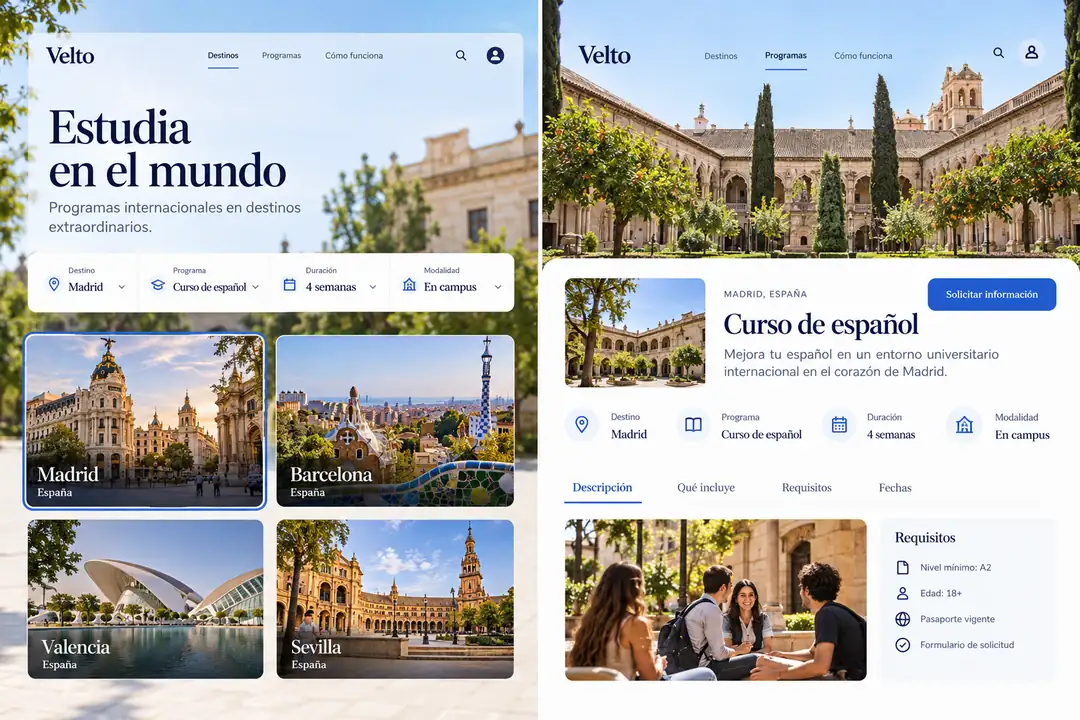 Vistas de Velto para filtrar un programa y preparar una consulta contextualizada.