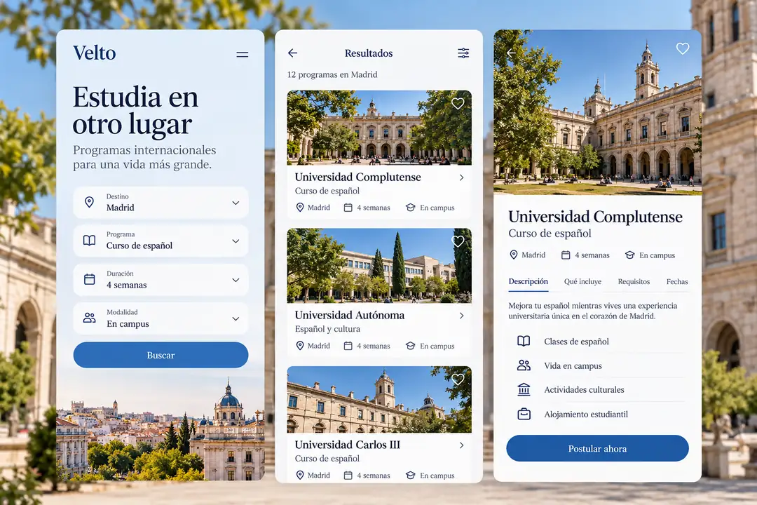 Tres vistas móviles del buscador y las fichas de programas de Velto.